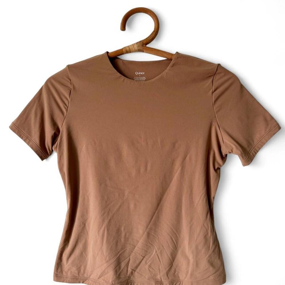 Quince Second Skin Mocha Brown crew Neck Short Sleeve Top Tee $30 earthy Medium